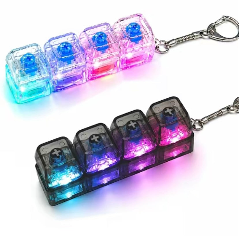Keyboard Fidget Keychain with LED Lights mechanical keyboard with Removable Battery 4-in-1 Stress Relief Clicker Toy Keyboard Button